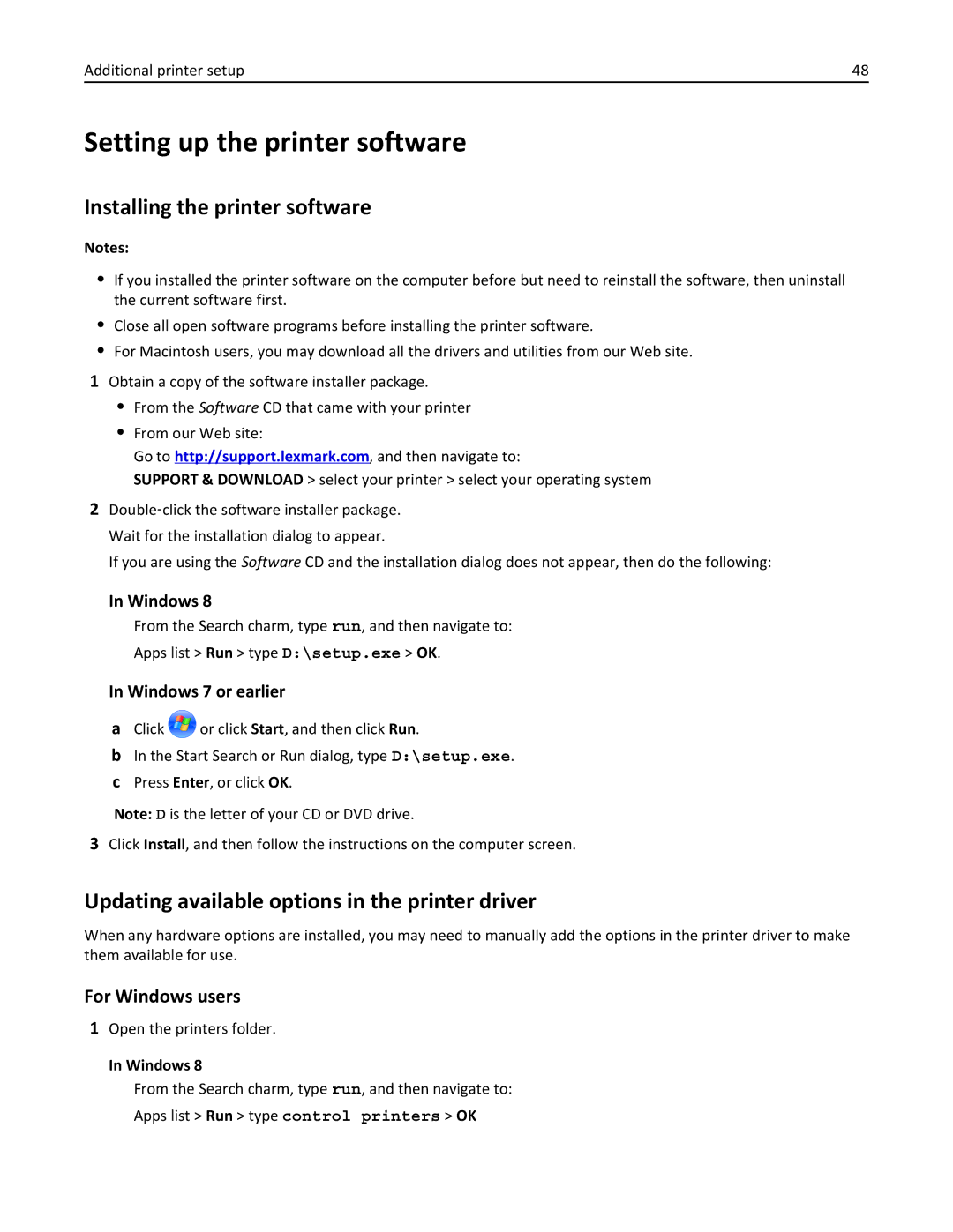 Lexmark XM3100 manual Setting up the printer software, Installing the printer software, Open the printers folder, Windows 