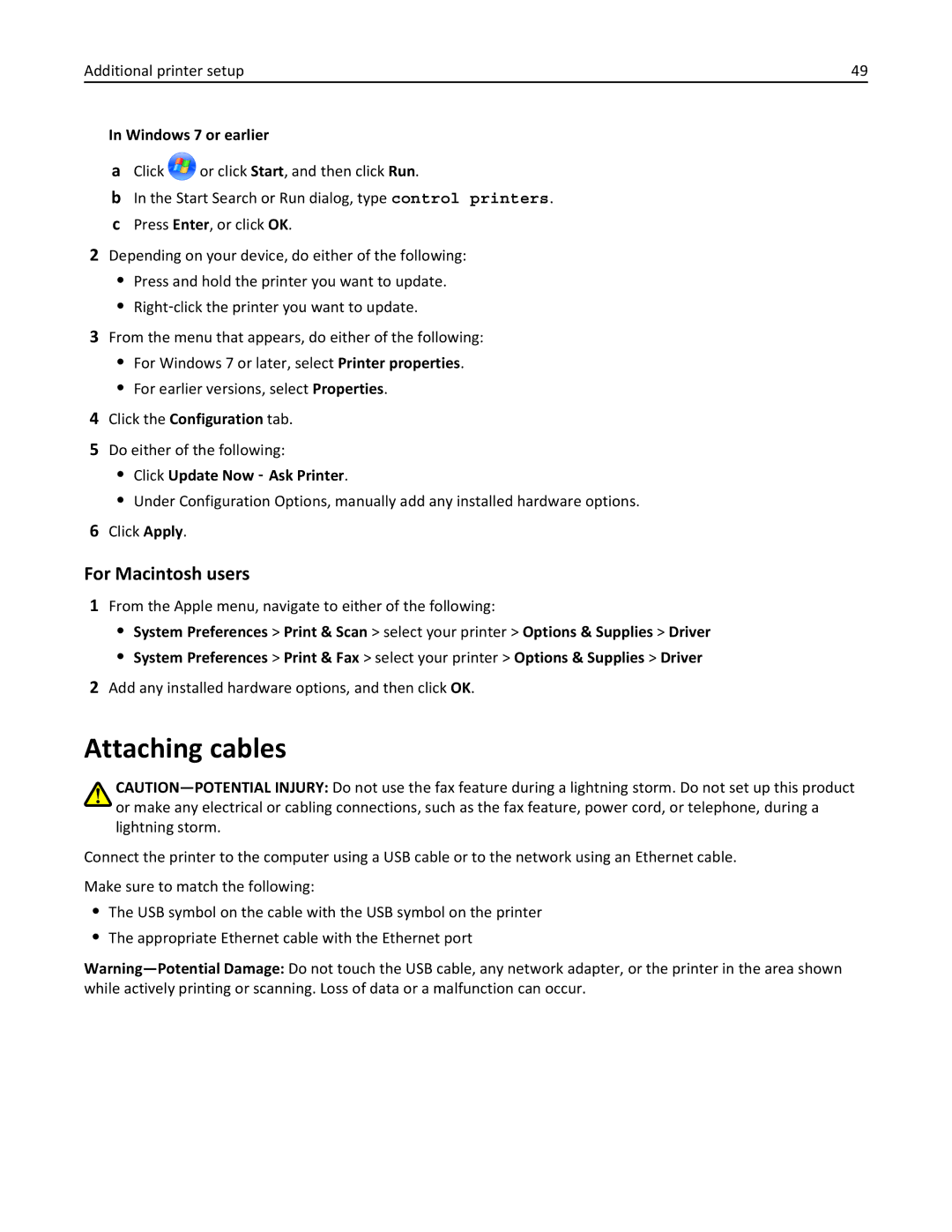 Lexmark XM3100 manual Attaching cables, Windows 7 or earlier, Click Update Now ‑ Ask Printer 