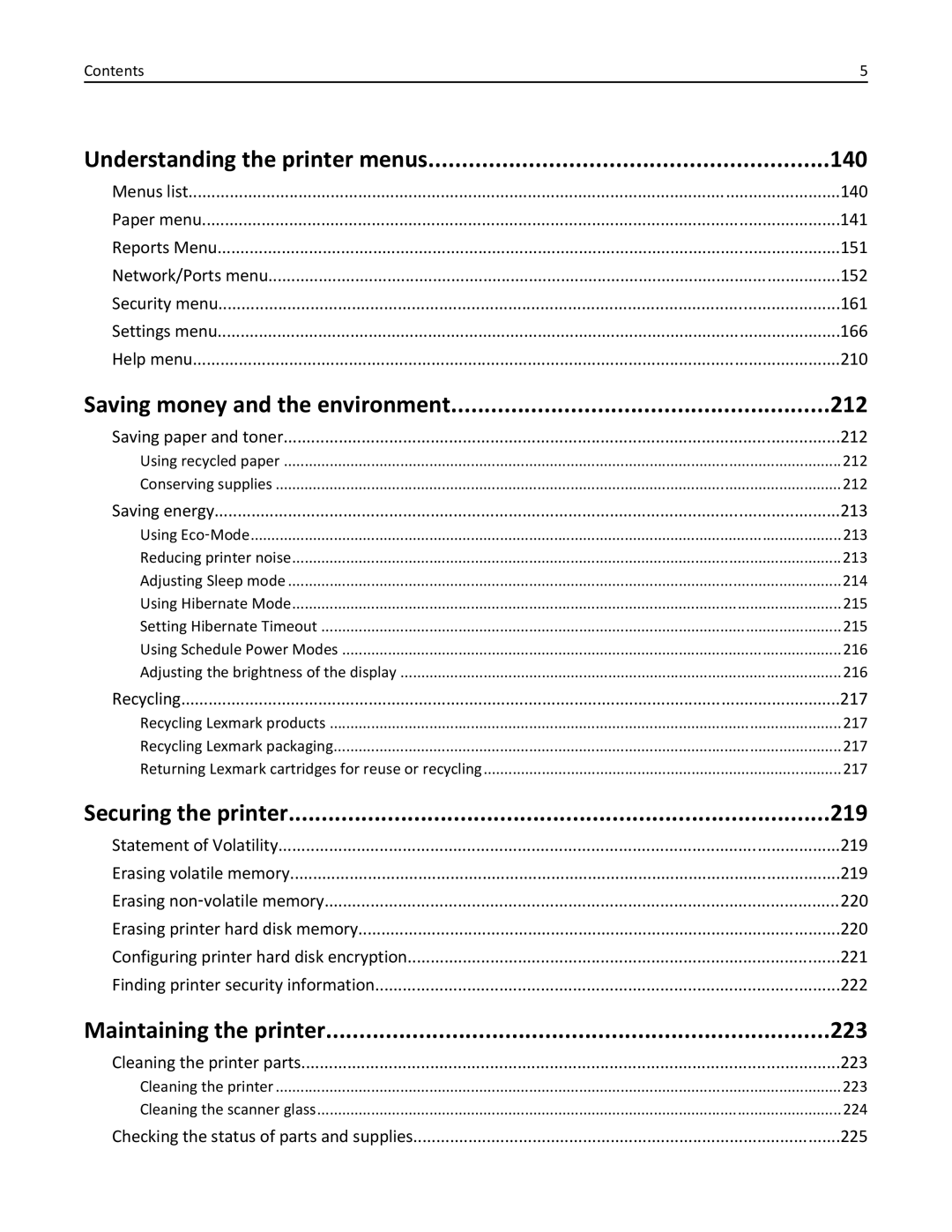 Lexmark XM3100 manual Understanding the printer menus 140, Saving money and the environment 212, Securing the printer 219 