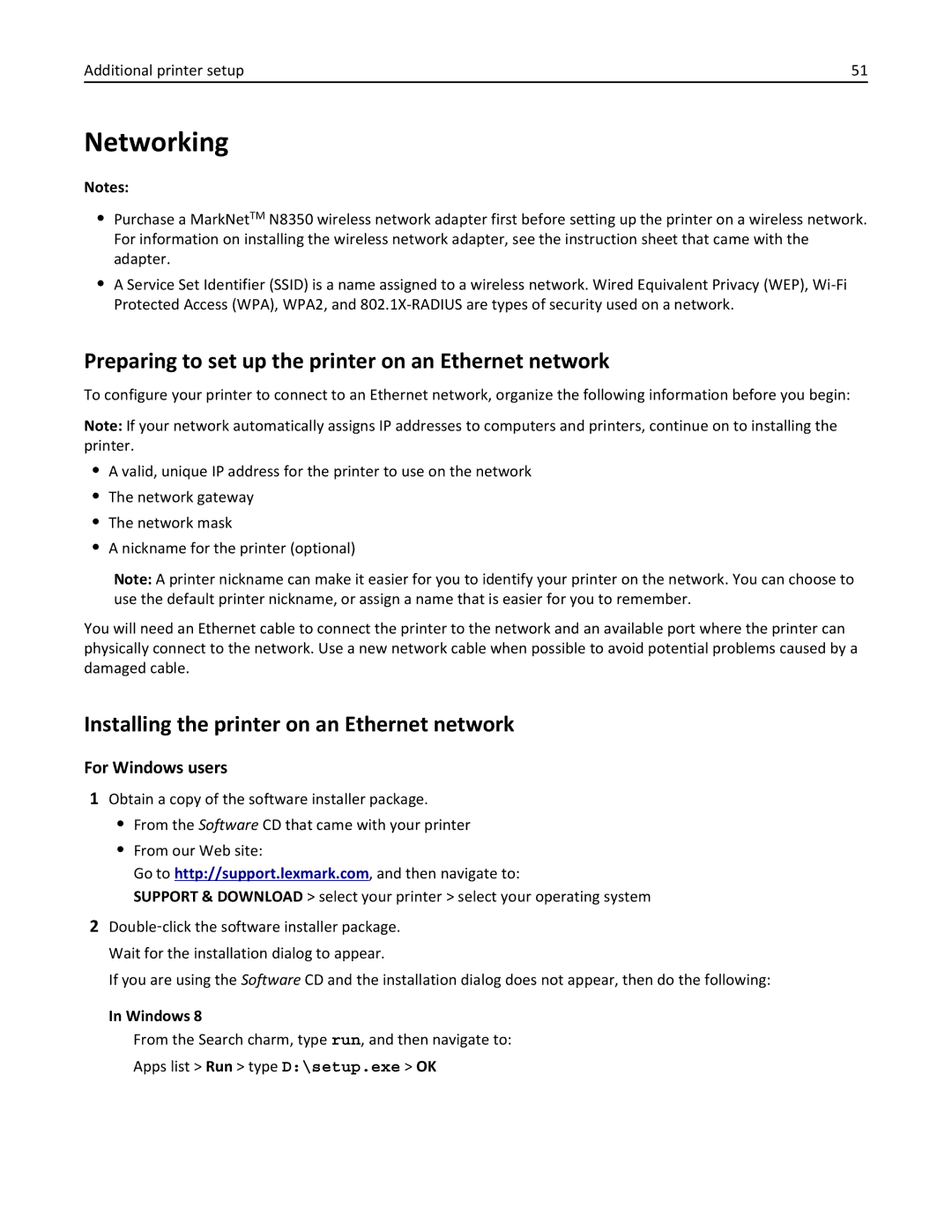 Lexmark XM3100 manual Networking, Preparing to set up the printer on an Ethernet network, For Windows users 