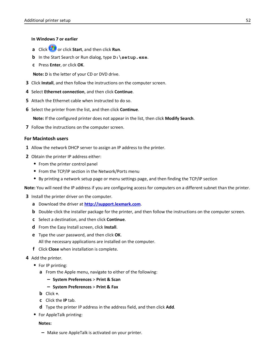 Lexmark XM3100 manual For Macintosh users, Select Ethernet connection, and then click Continue 