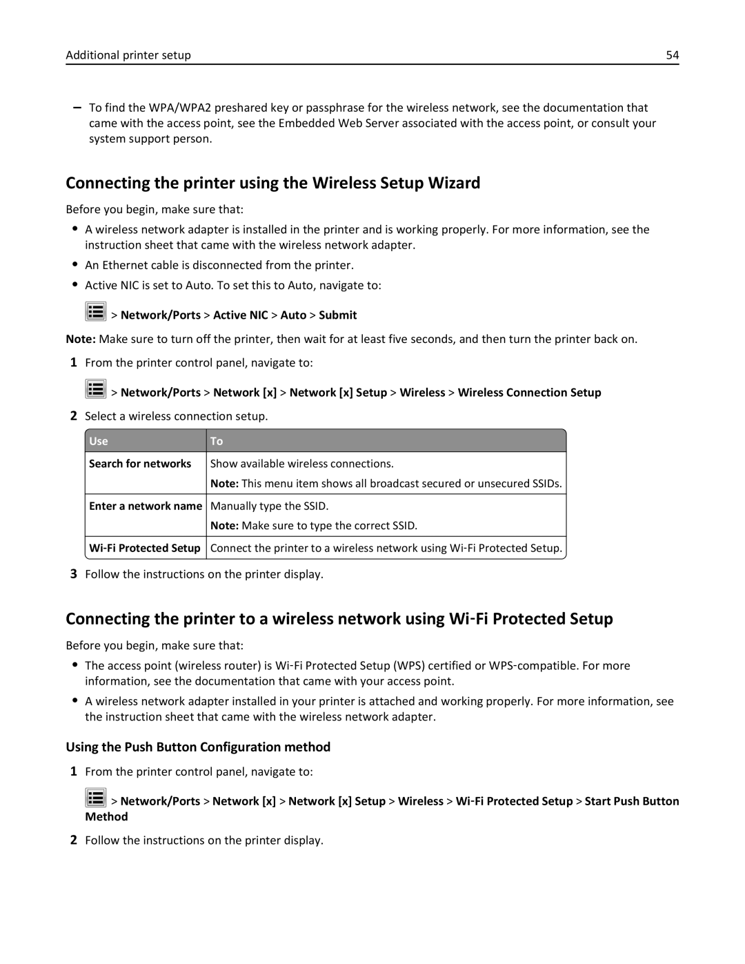 Lexmark XM3100 manual Connecting the printer using the Wireless Setup Wizard, Using the Push Button Configuration method 