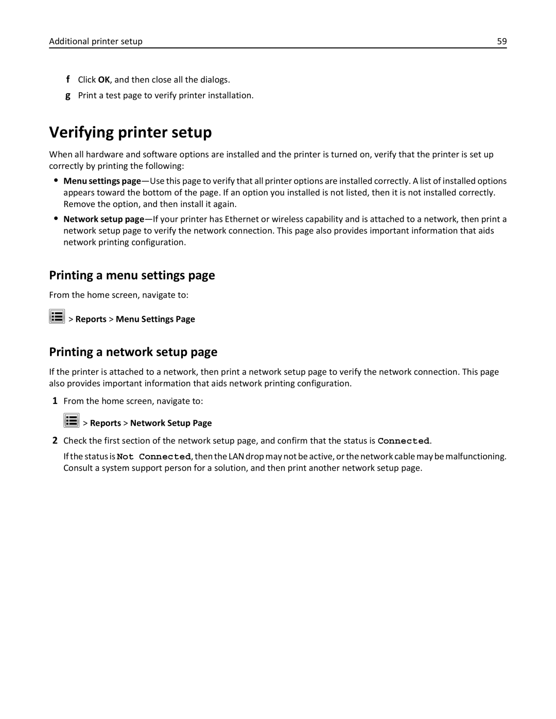 Lexmark XM3100 manual Verifying printer setup, Printing a menu settings, Printing a network setup, Reports Menu Settings 