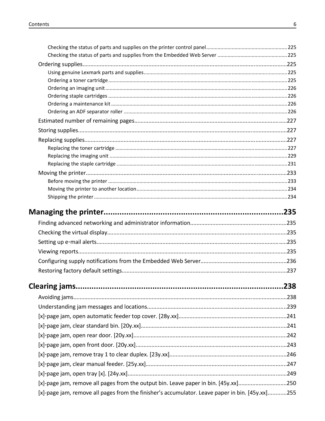 Lexmark XM3100 manual Managing the printer 235, Clearing jams 238 