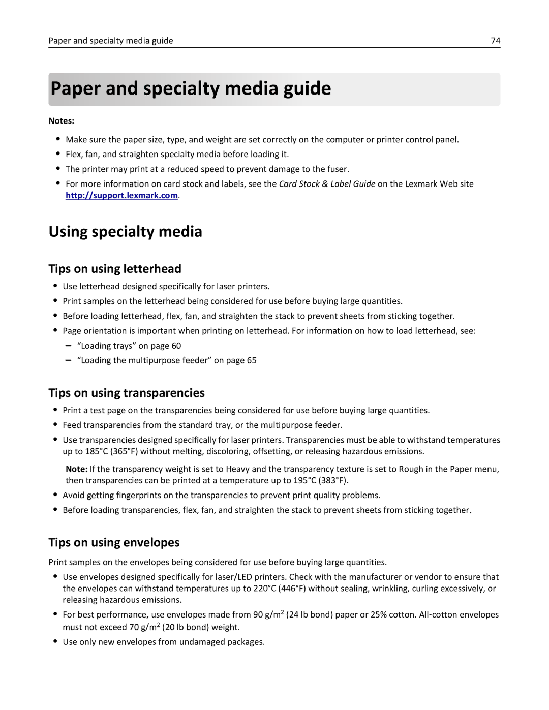 Lexmark XM3100 Paper and specialty media guide, Using specialty media, Tips on using letterhead, Tips on using envelopes 