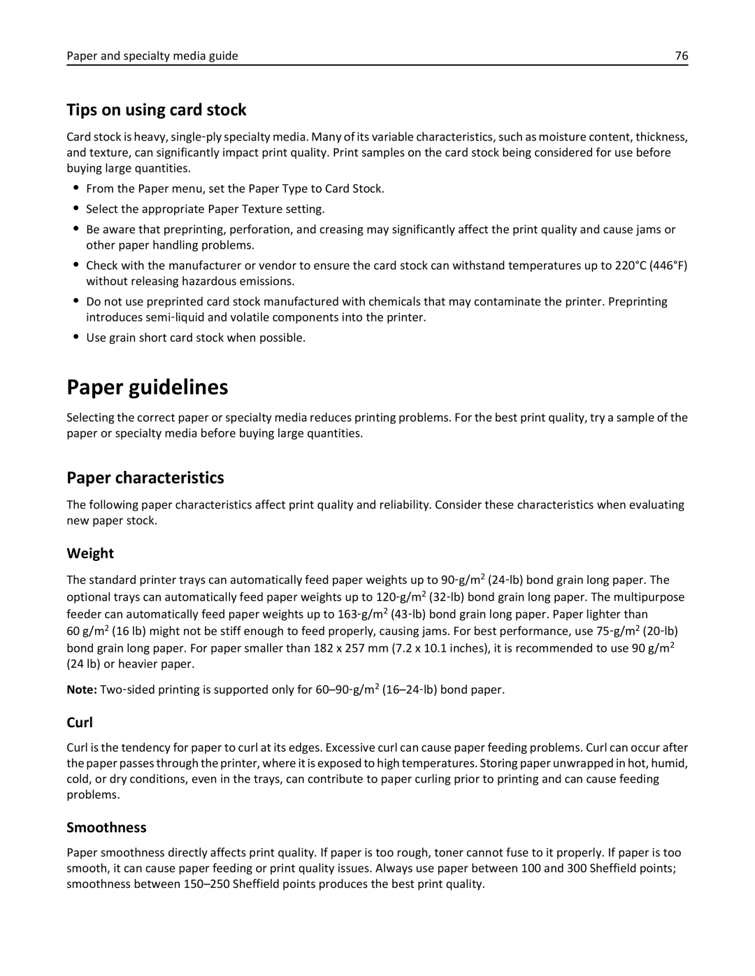 Lexmark XM3100 manual Paper guidelines, Tips on using card stock, Paper characteristics 