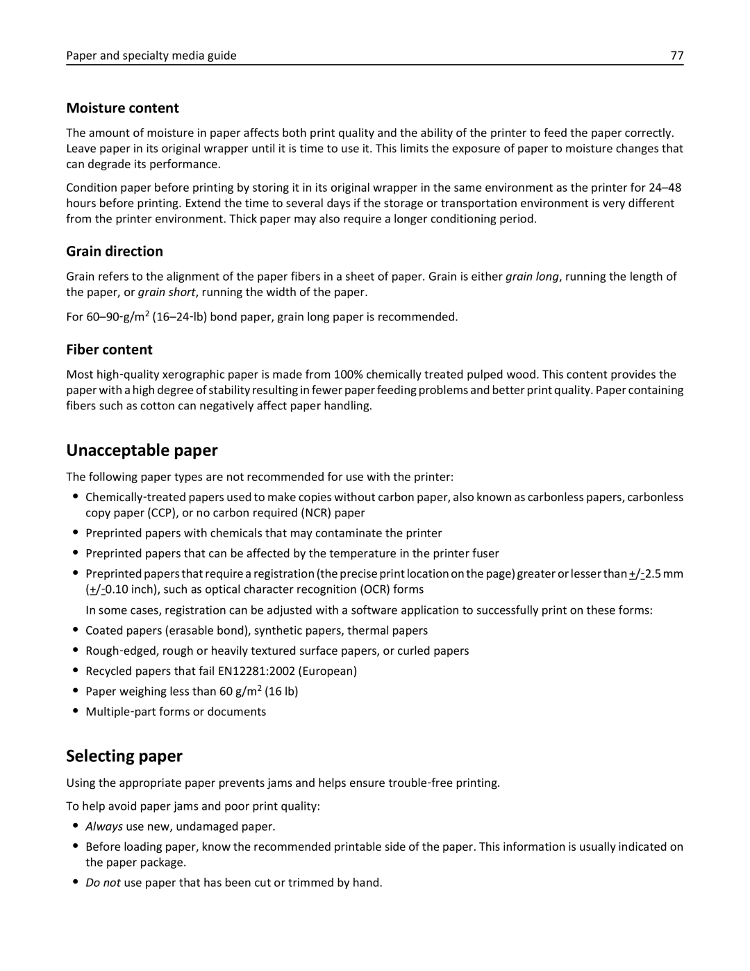 Lexmark XM3100 manual Unacceptable paper, Selecting paper, Moisture content, Grain direction, Fiber content 