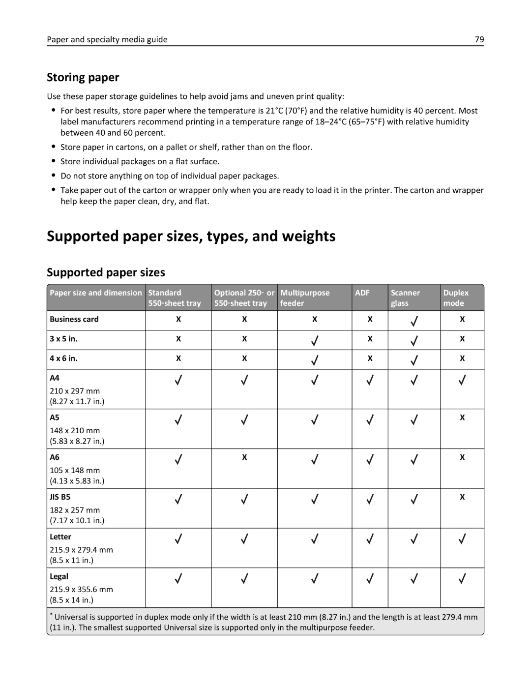 Lexmark XM3100 Supported paper sizes, types, and weights, Storing paper, Scanner Duplex 550 ‑sheet tray Feeder Glass Mode 