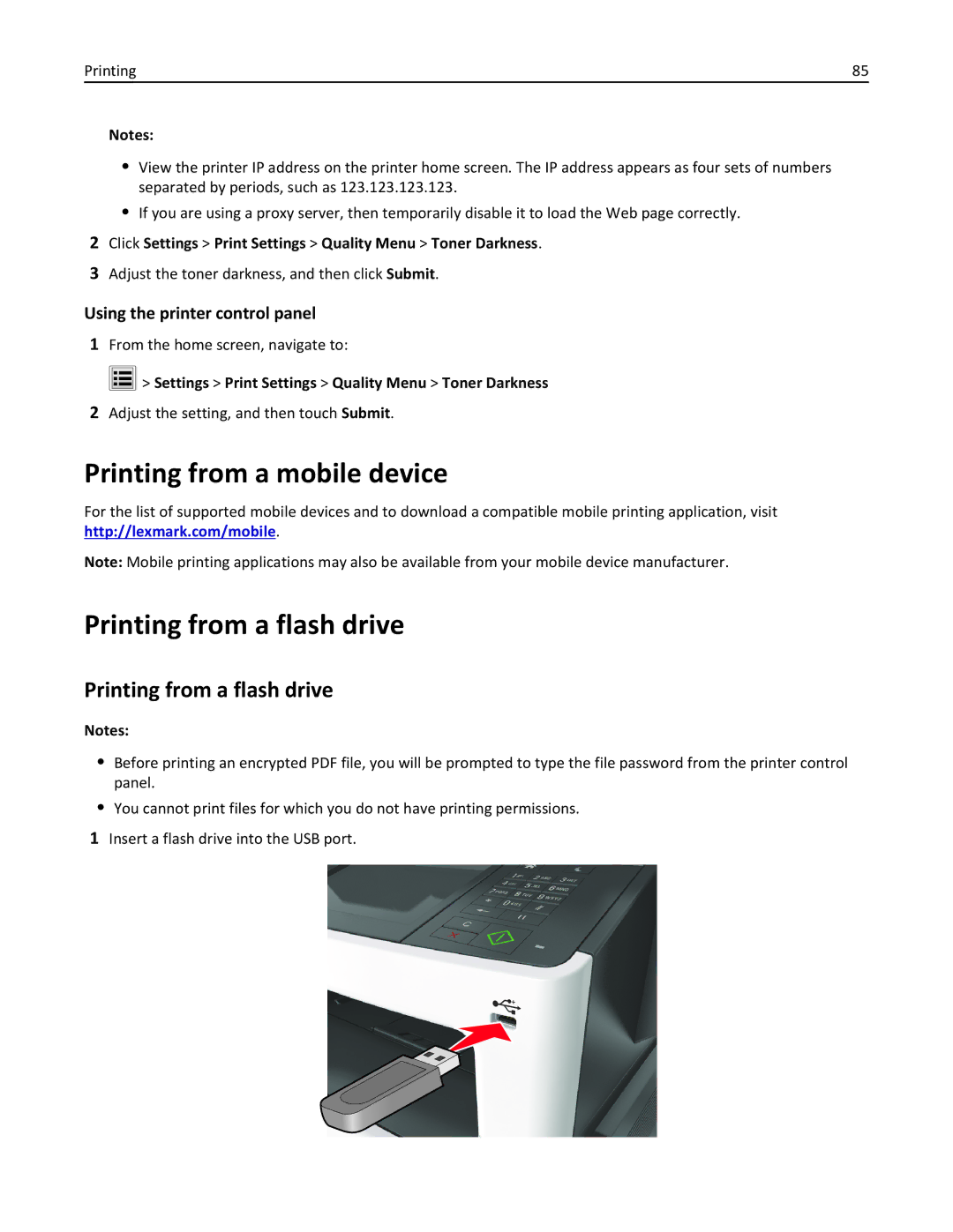 Lexmark XM3100 manual Printing from a mobile device Printing from a flash drive 