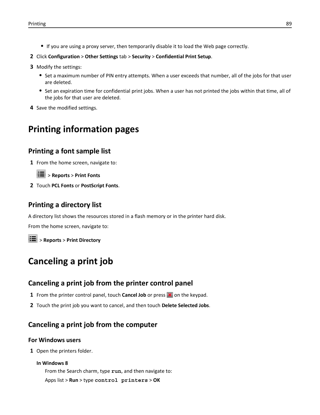 Lexmark XM3100 manual Printing information pages, Canceling a print job 