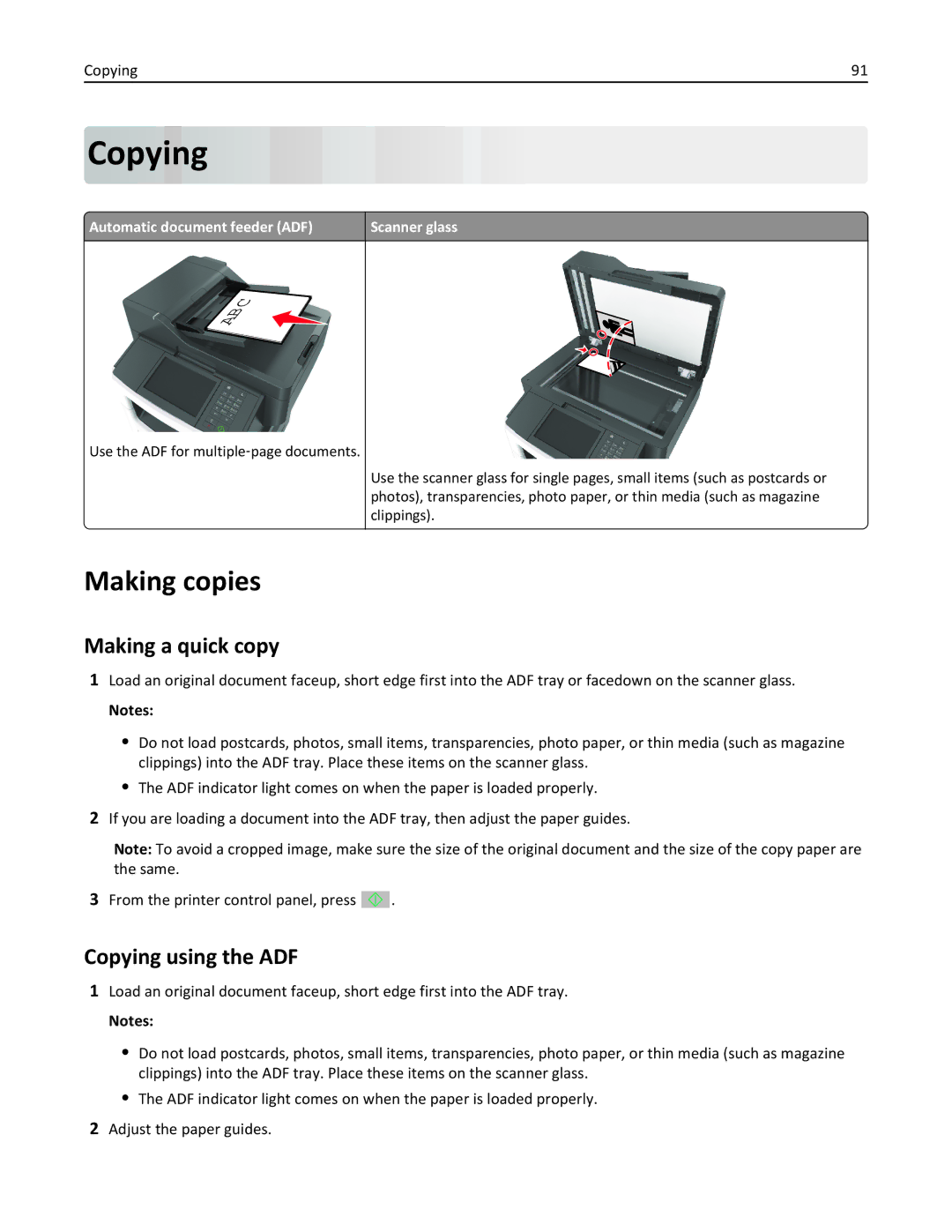 Lexmark XM3100 manual Making copies, Making a quick copy, Copying using the ADF 