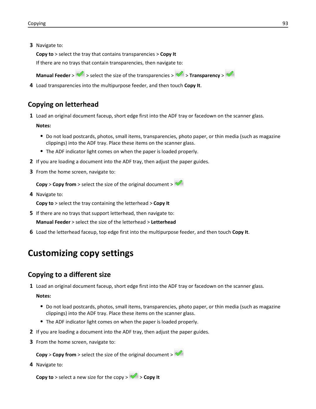 Lexmark XM3100 manual Customizing copy settings, Copying on letterhead, Copying to a different size 