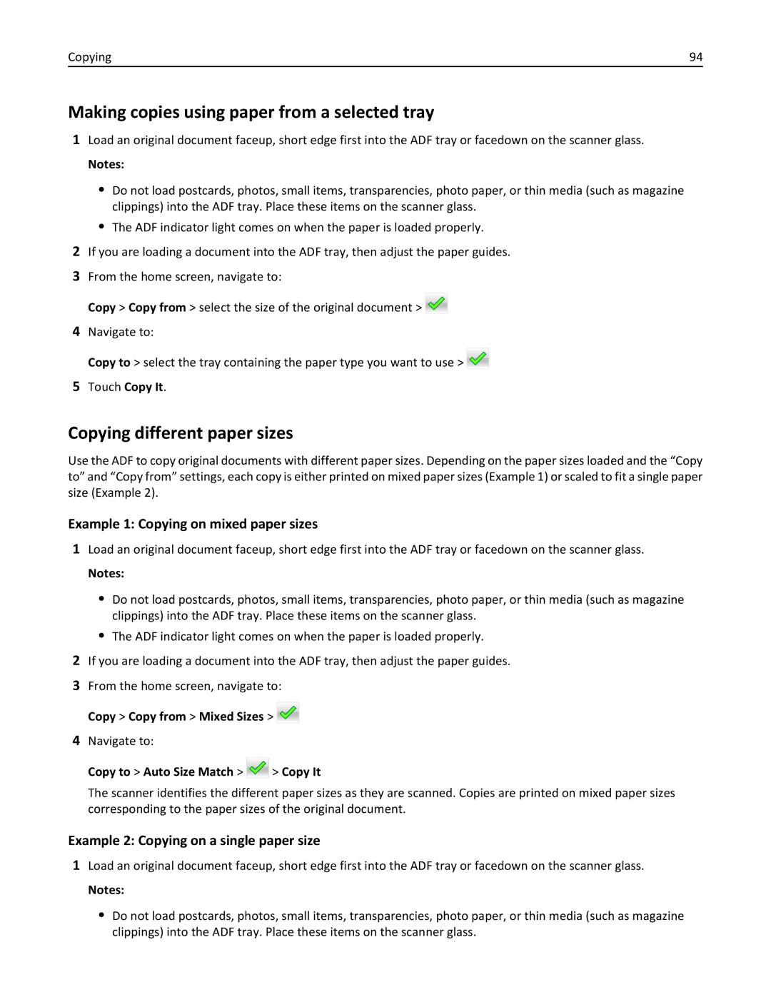 Lexmark XM3100 manual Making copies using paper from a selected tray, Copying different paper sizes 