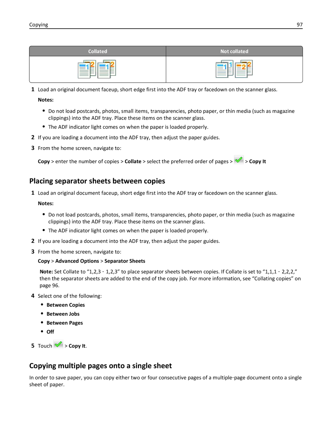 Lexmark XM3100 manual Placing separator sheets between copies, Copying multiple pages onto a single sheet 