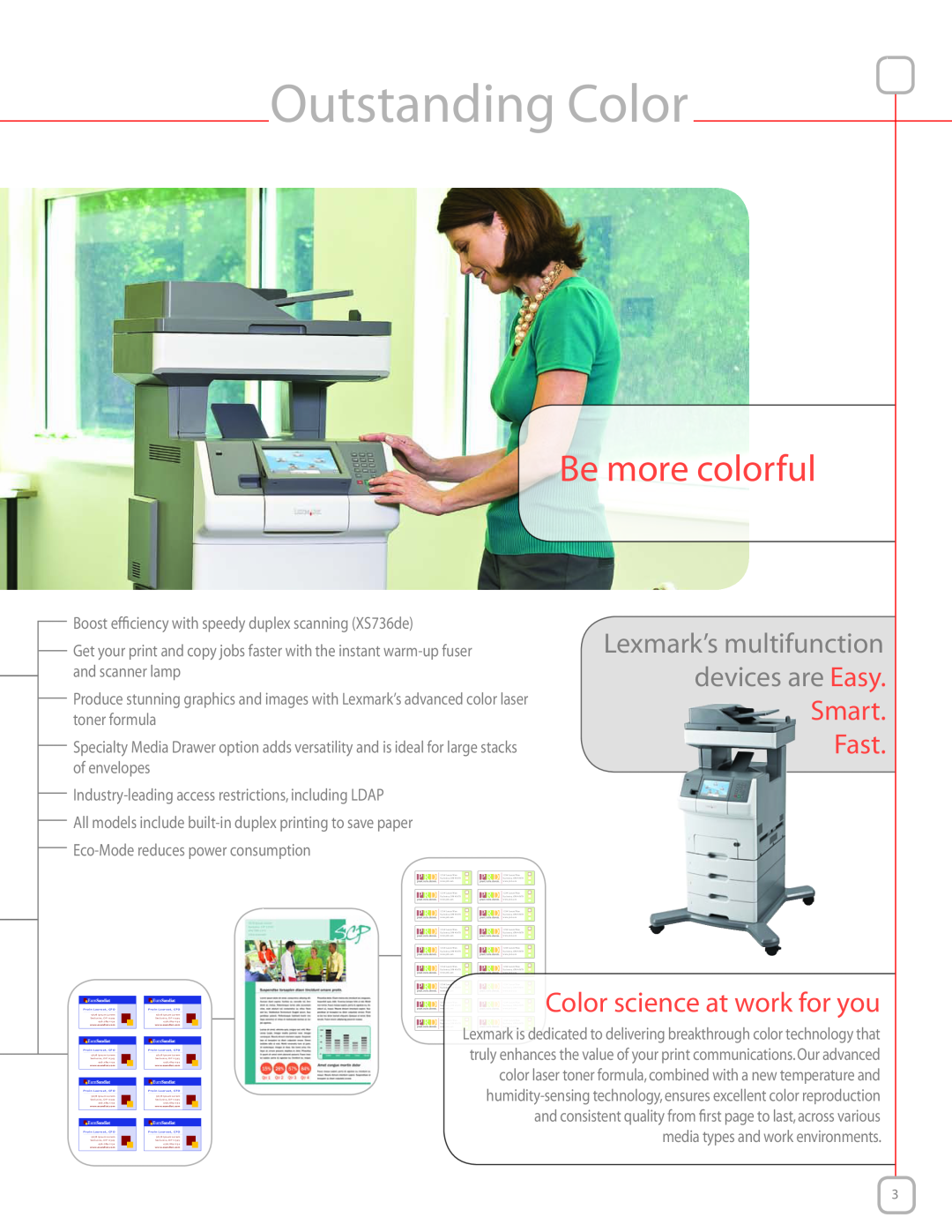 Lexmark XS736de manual Outstanding Color, Be more colorful, Smart Fast, Color science at work for you, Proin Laoreet, CFO 