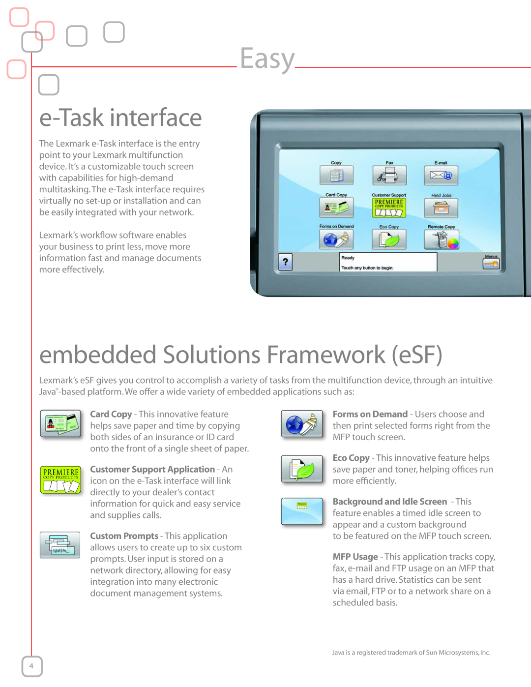 Lexmark XS734de, XS736de, High performance color MFP manual Easy, e-Task interface, embedded Solutions Framework eSF 
