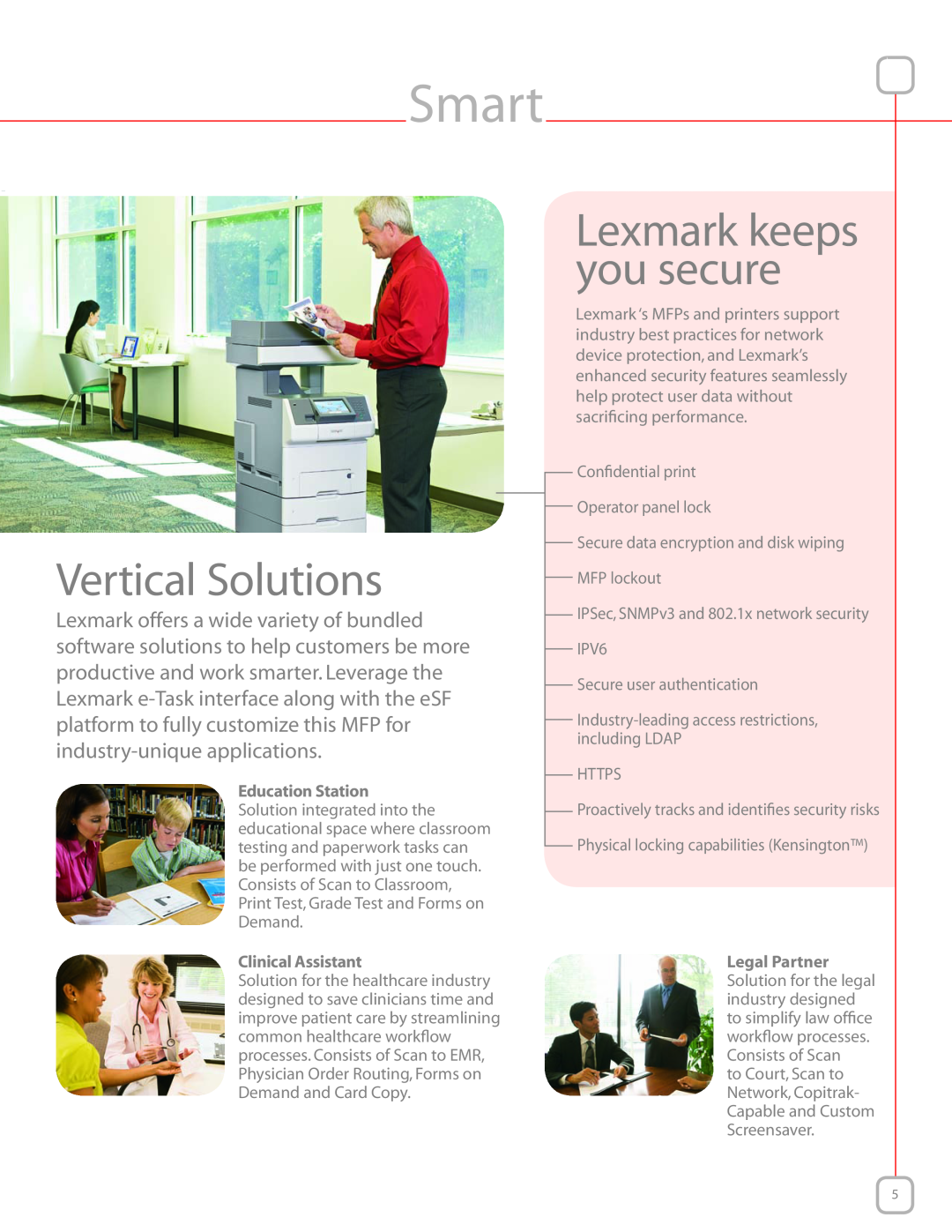 Lexmark High performance color MFP, XS736de, XS734de manual Smart, Vertical Solutions, Lexmark keeps you secure 