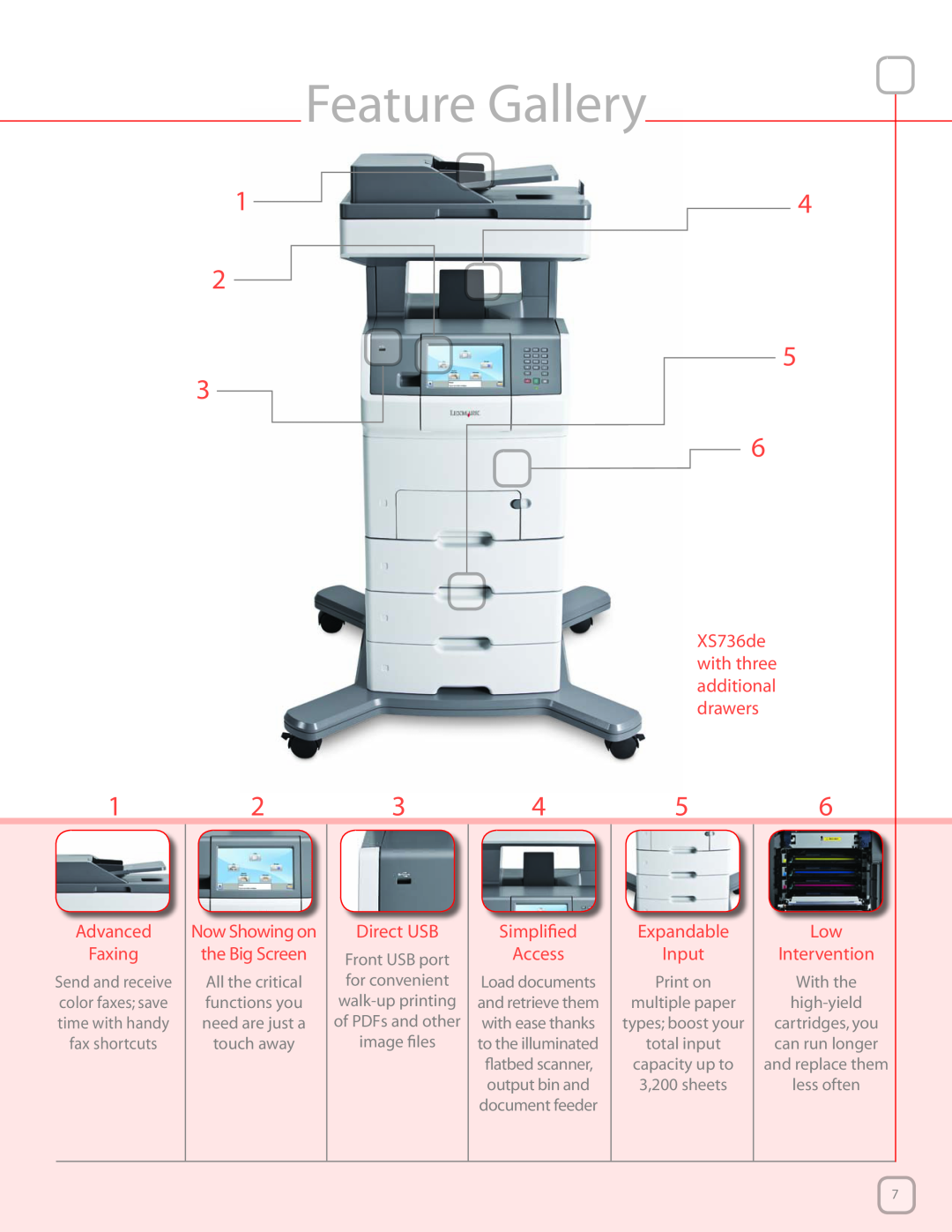 Lexmark XS734de Feature Gallery, XS736de with three additional drawers, Advanced Faxing, Now Showing on the Big Screen 
