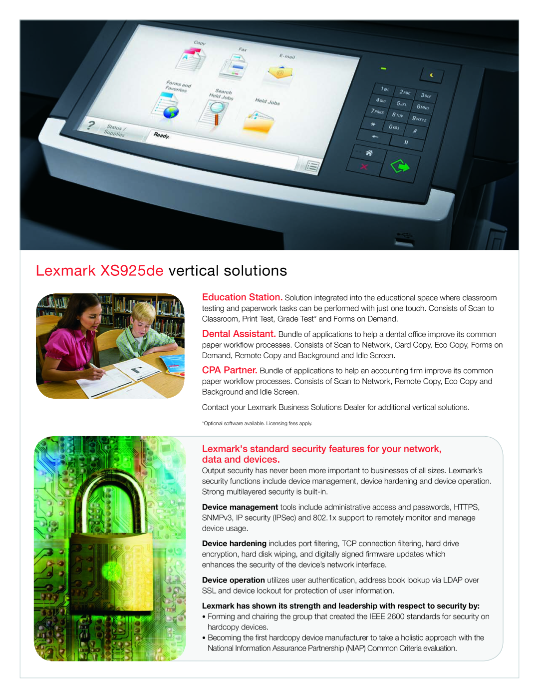 Lexmark Color MFP manual Lexmark XS925de vertical solutions, Optional software available. Licensing fees apply 