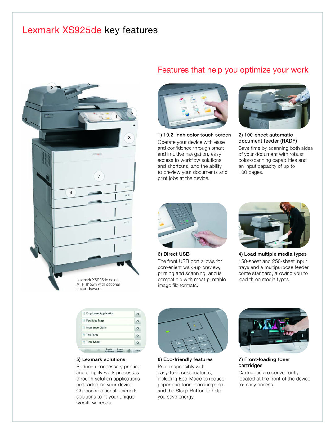 Lexmark Color MFP manual Lexmark XS925de key features, Features that help you optimize your work 