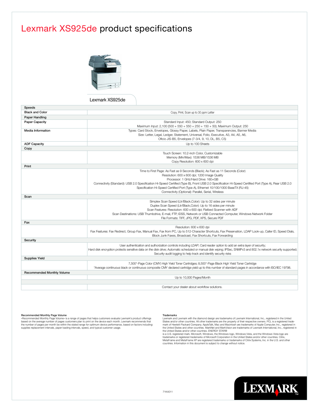 Lexmark Color MFP manual Lexmark XS925de product specifications 