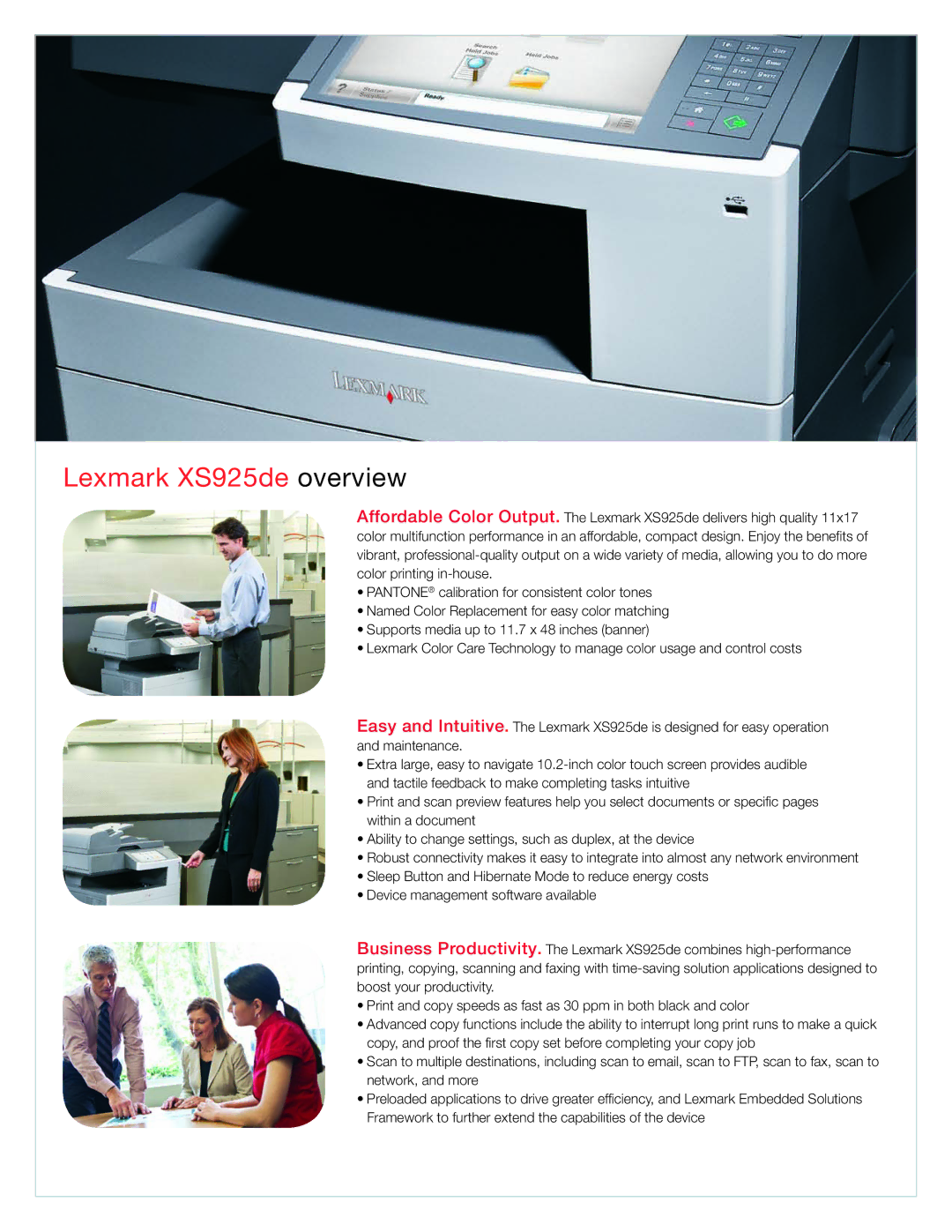 Lexmark Color MFP manual Lexmark XS925de overview 