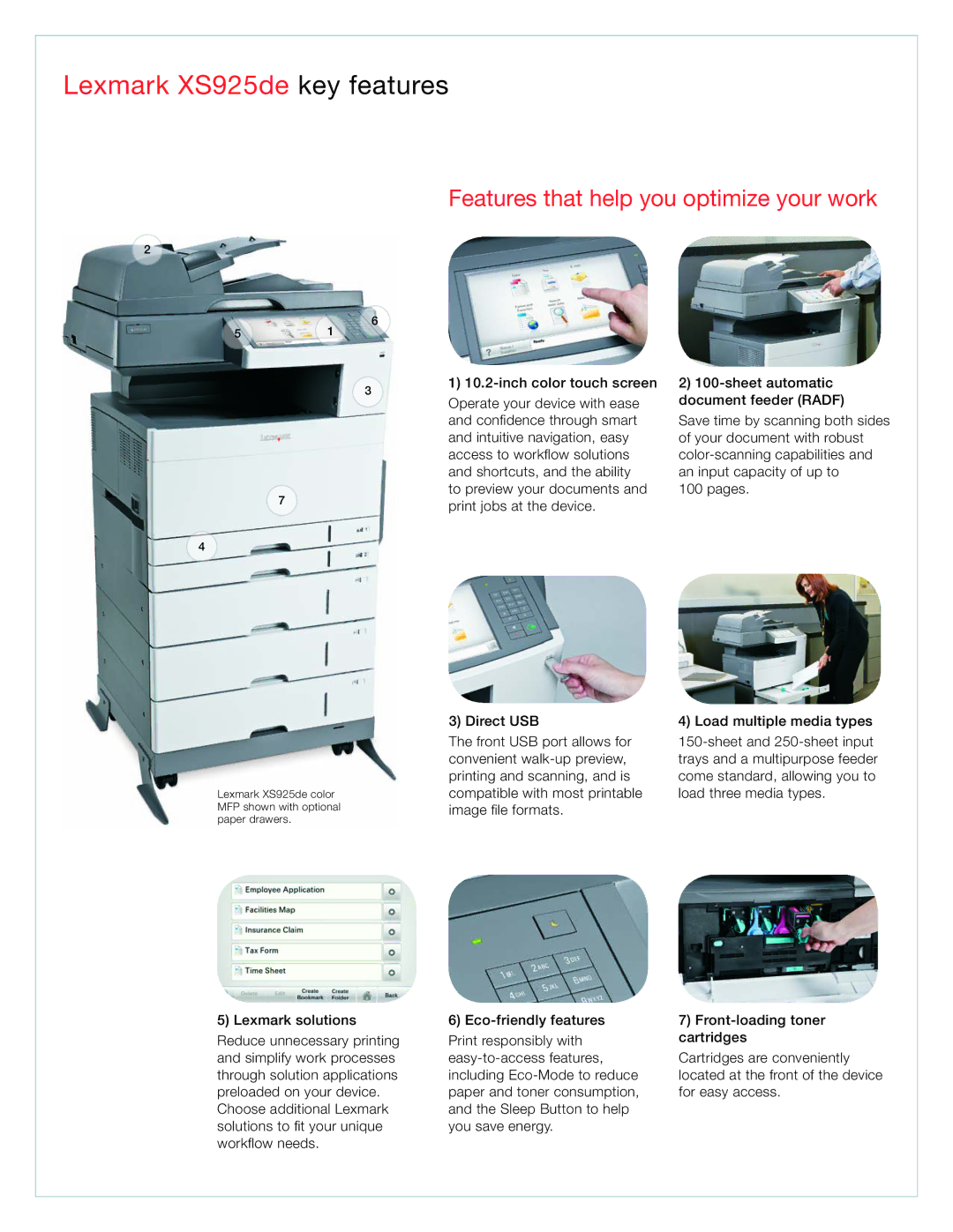 Lexmark Color MFP manual Lexmark XS925de key features, Lexmark solutions 