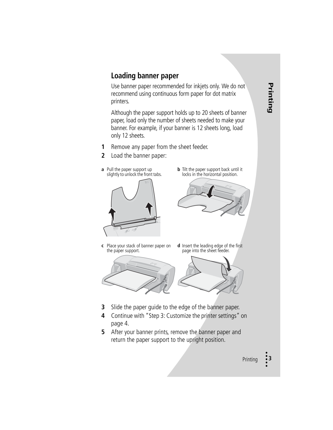 Lexmark Z12 manual Printing, Loading banner paper 