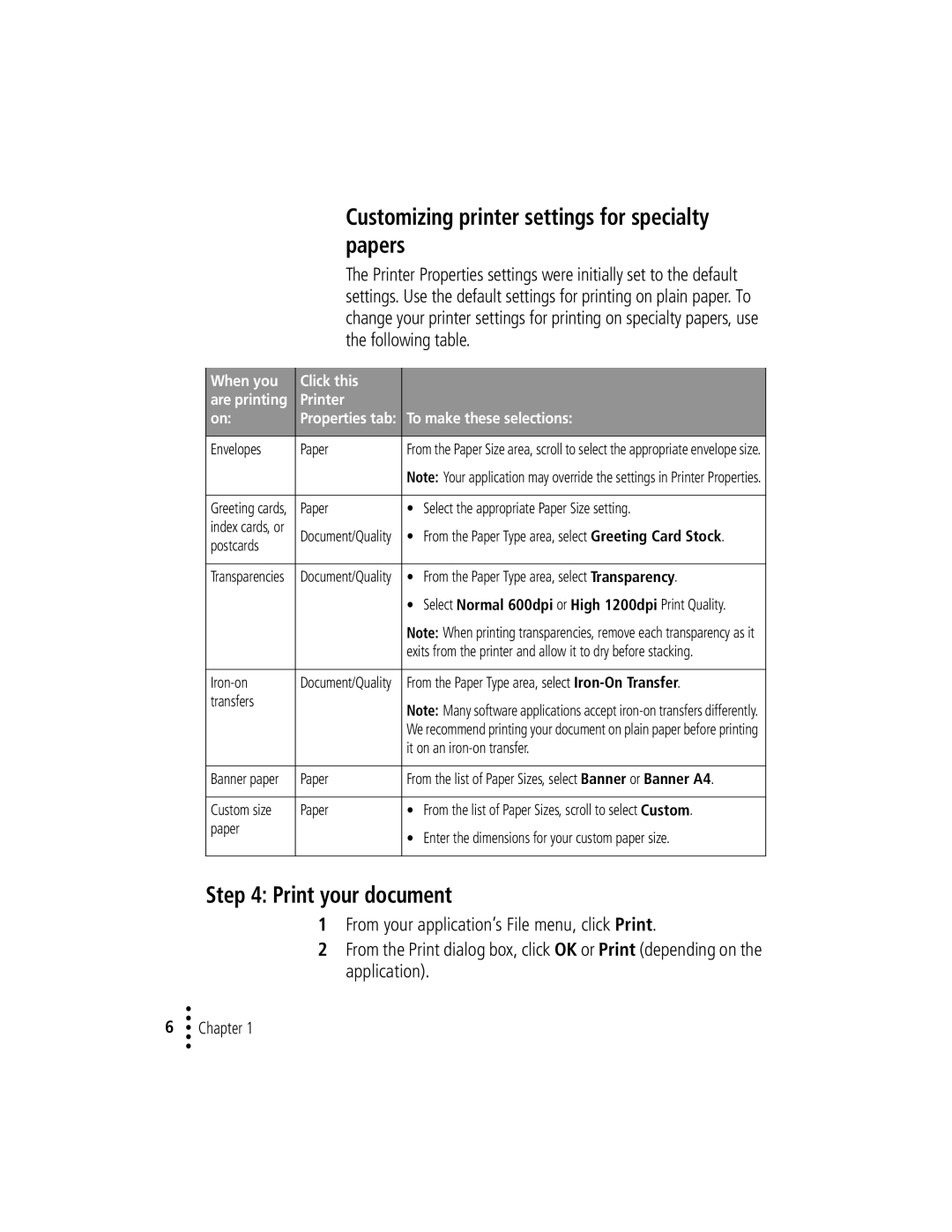 Lexmark Z12 manual Print your document, Following table, Select Normal 600dpi or High 1200dpi Print Quality 