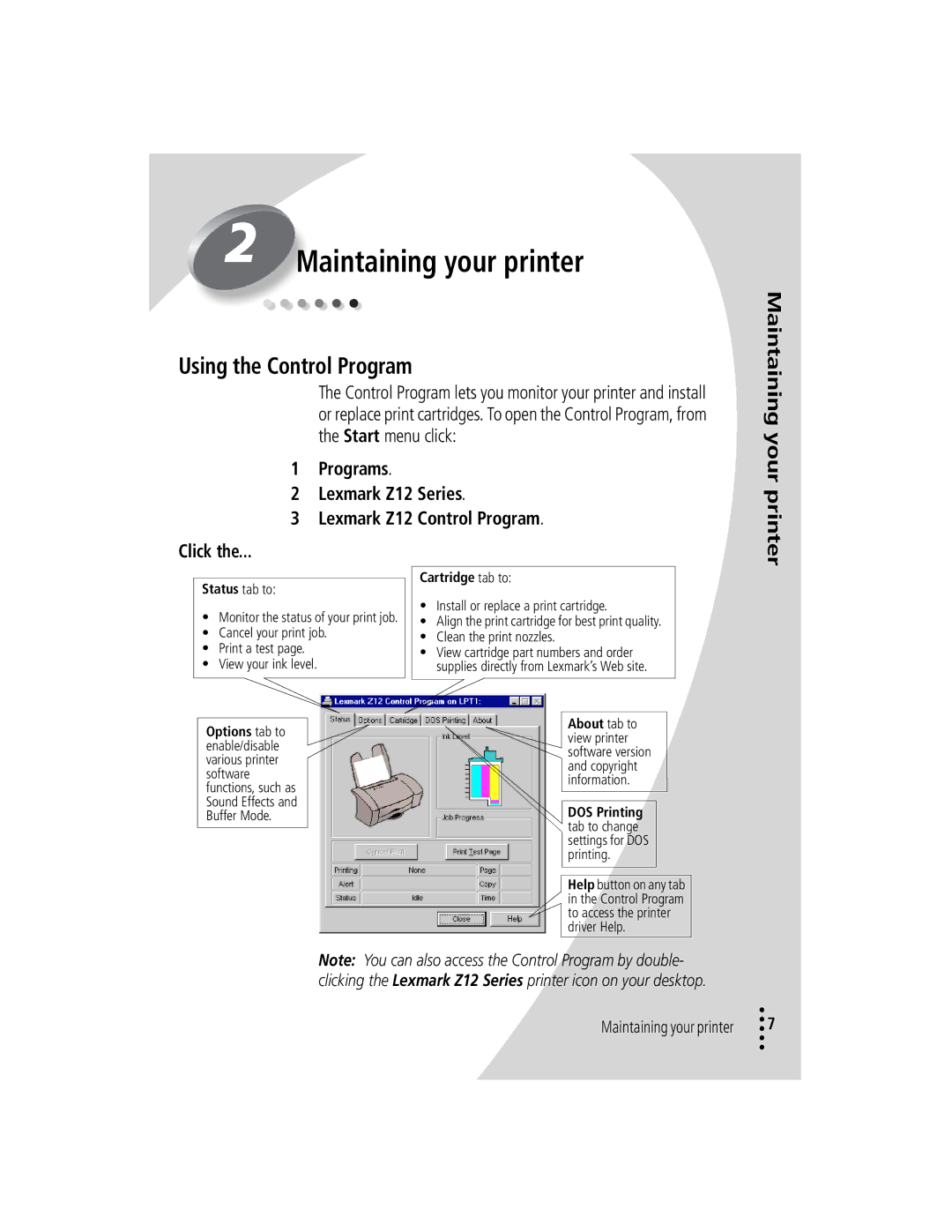 Lexmark Using the Control Program, Programs Lexmark Z12 Series Lexmark Z12 Control Program, Status tab to, DOS Printing 