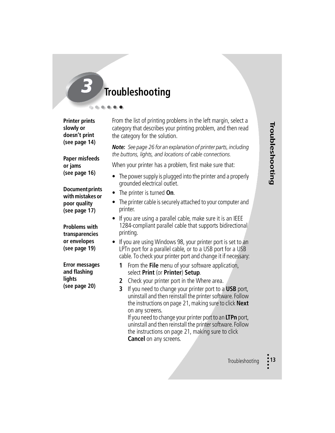 Lexmark Z12 manual Troubleshooting, Category for the solution, Grounded electrical outlet, Printer is turned On 