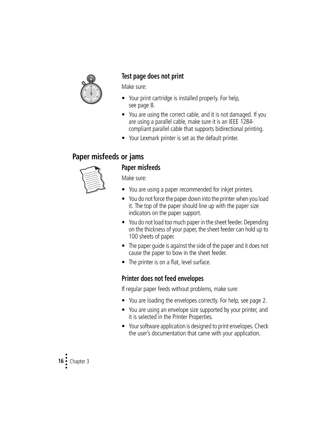 Lexmark Z12 manual Paper misfeeds or jams, Test page does not print, Printer does not feed envelopes 