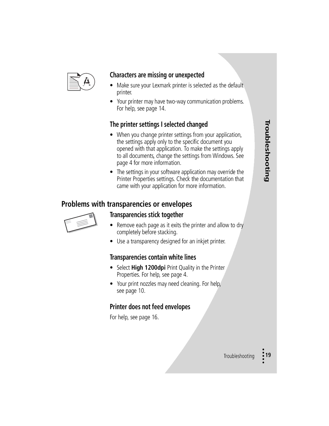 Lexmark Z12 Problems with transparencies or envelopes, Characters are missing or unexpected, Transparencies stick together 