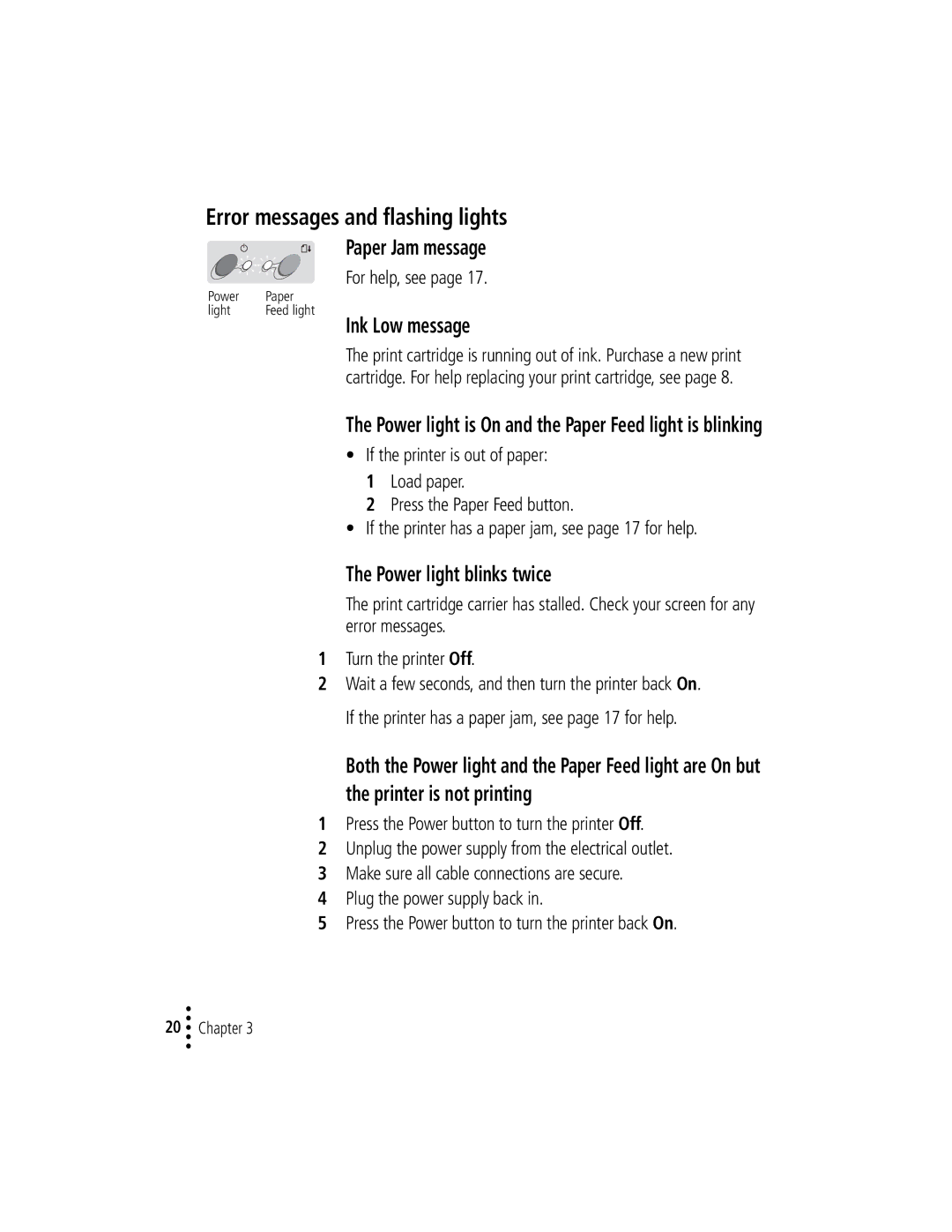 Lexmark Z12 manual Error messages and flashing lights, Paper Jam message, Ink Low message, Power light blinks twice 