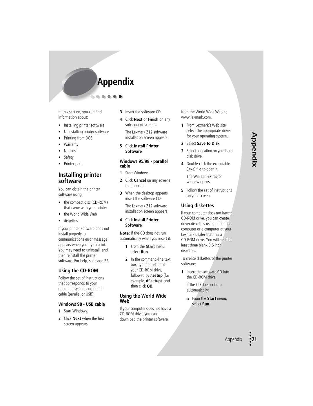 Lexmark Z12 manual Installing printer, Software, Using diskettes, Using the CD-ROM, Using the World Wide Web 
