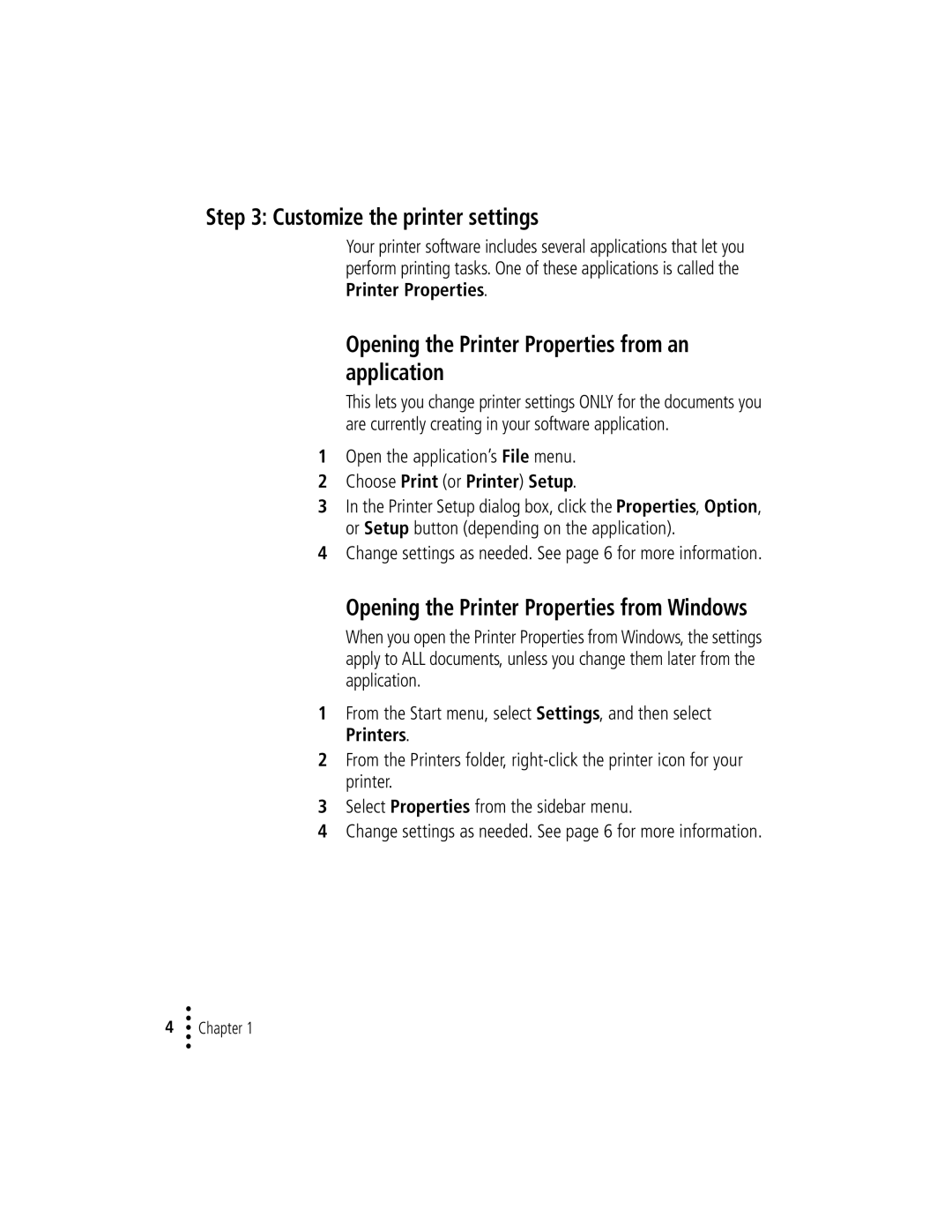 Lexmark Z12 manual Customize the printer settings, Opening the Printer Properties from an application 