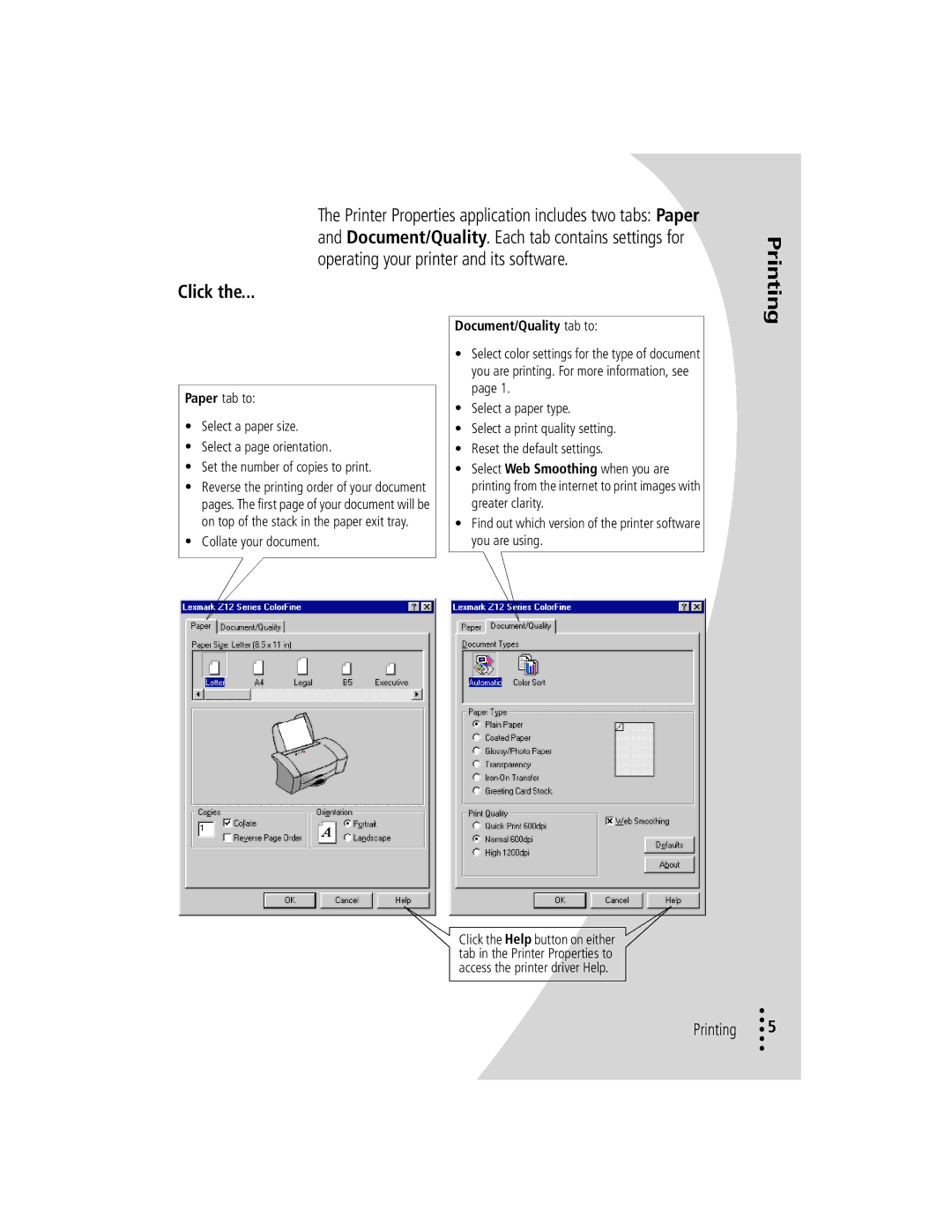 Lexmark Z12 manual Printing, Click 