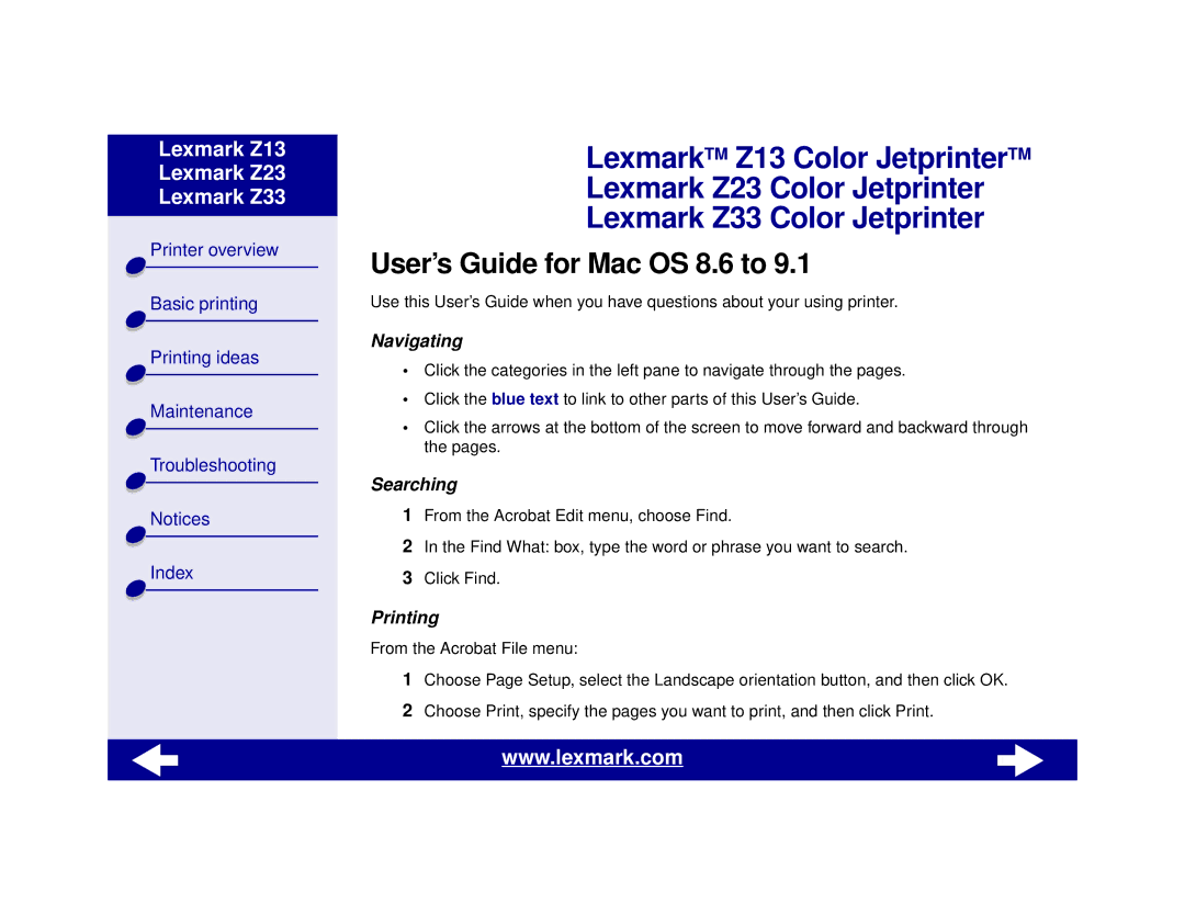 Lexmark Z13, Z23, Z33 manual User’s Guide for Mac OS 8.6 to 