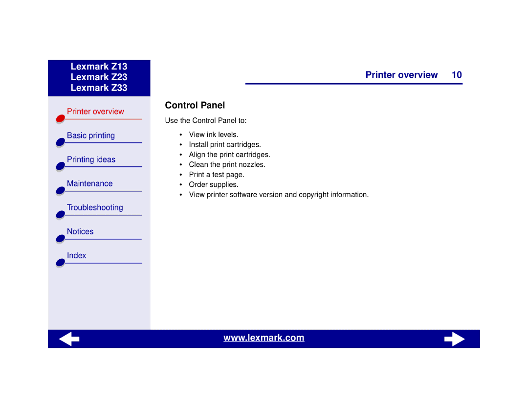 Lexmark Z13, Z23, Z33 manual Control Panel 