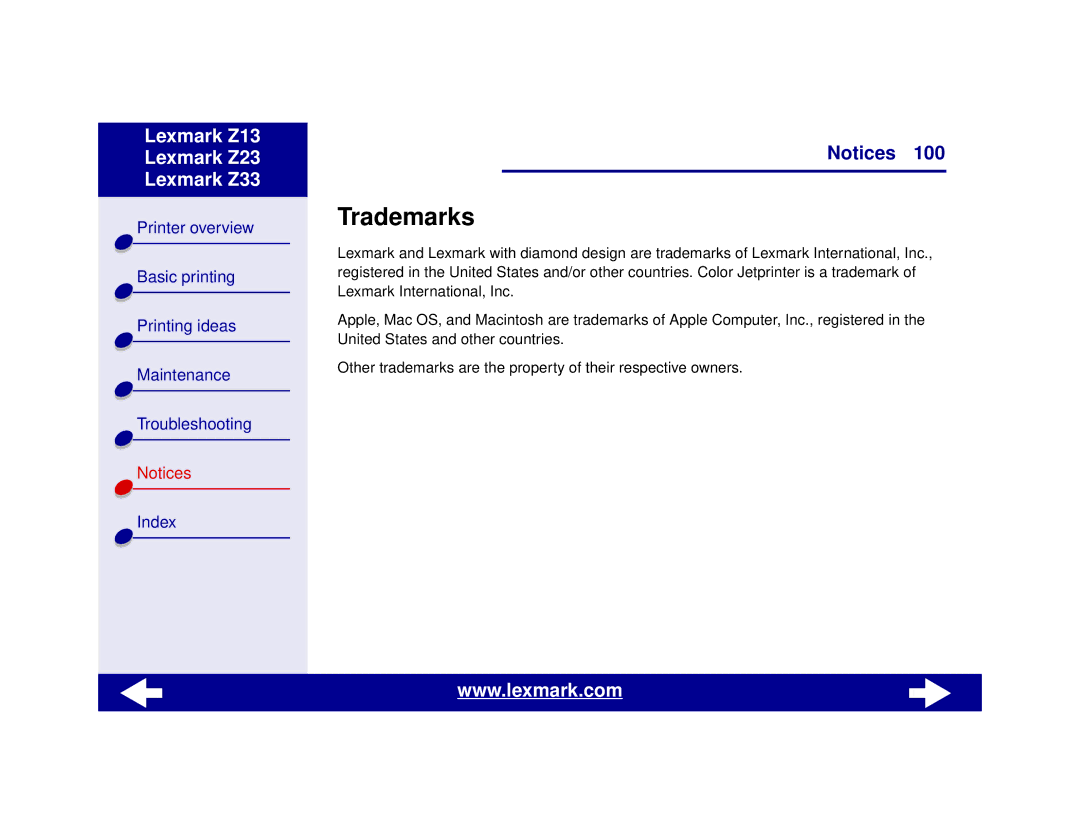 Lexmark Z13, Z23, Z33 manual Trademarks 