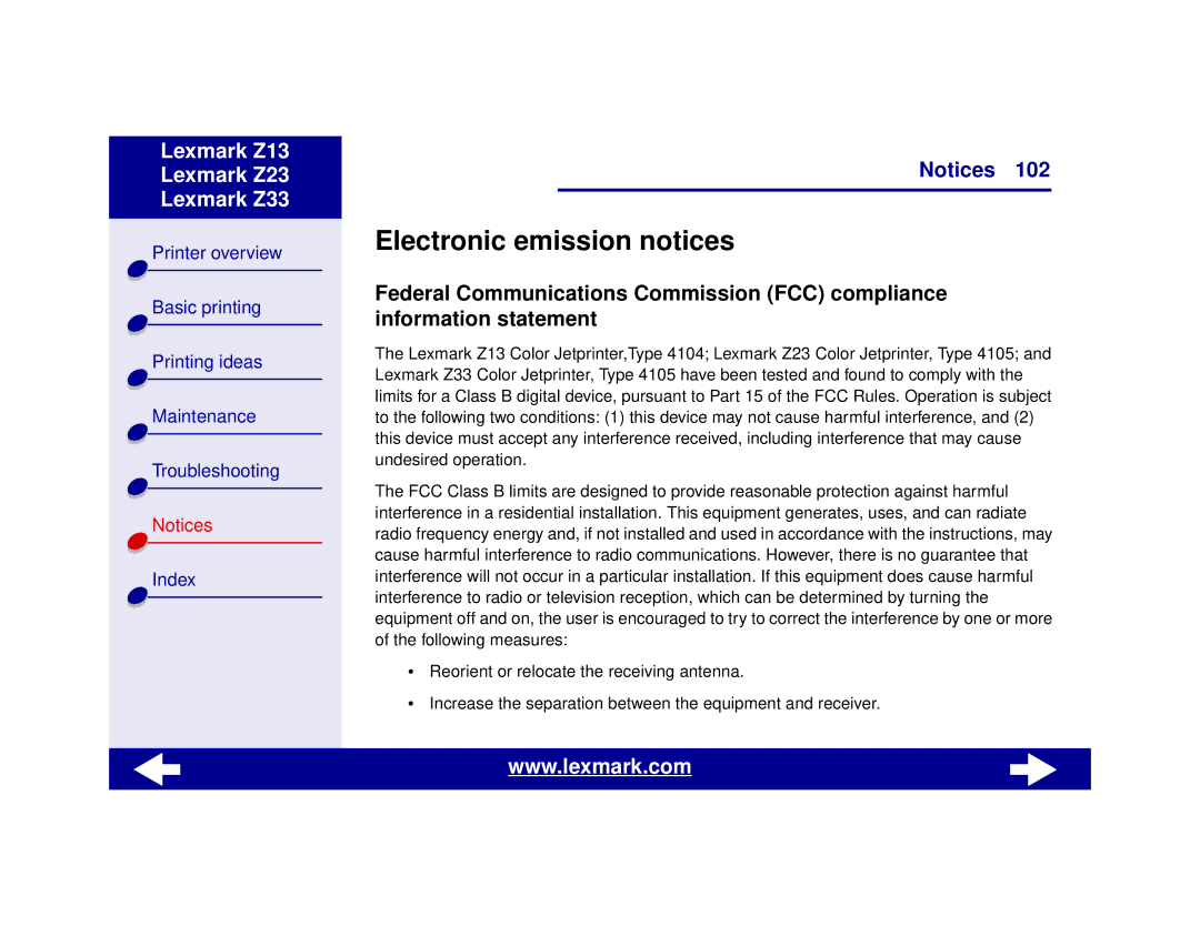 Lexmark Z13, Z23, Z33 manual Electronic emission notices 