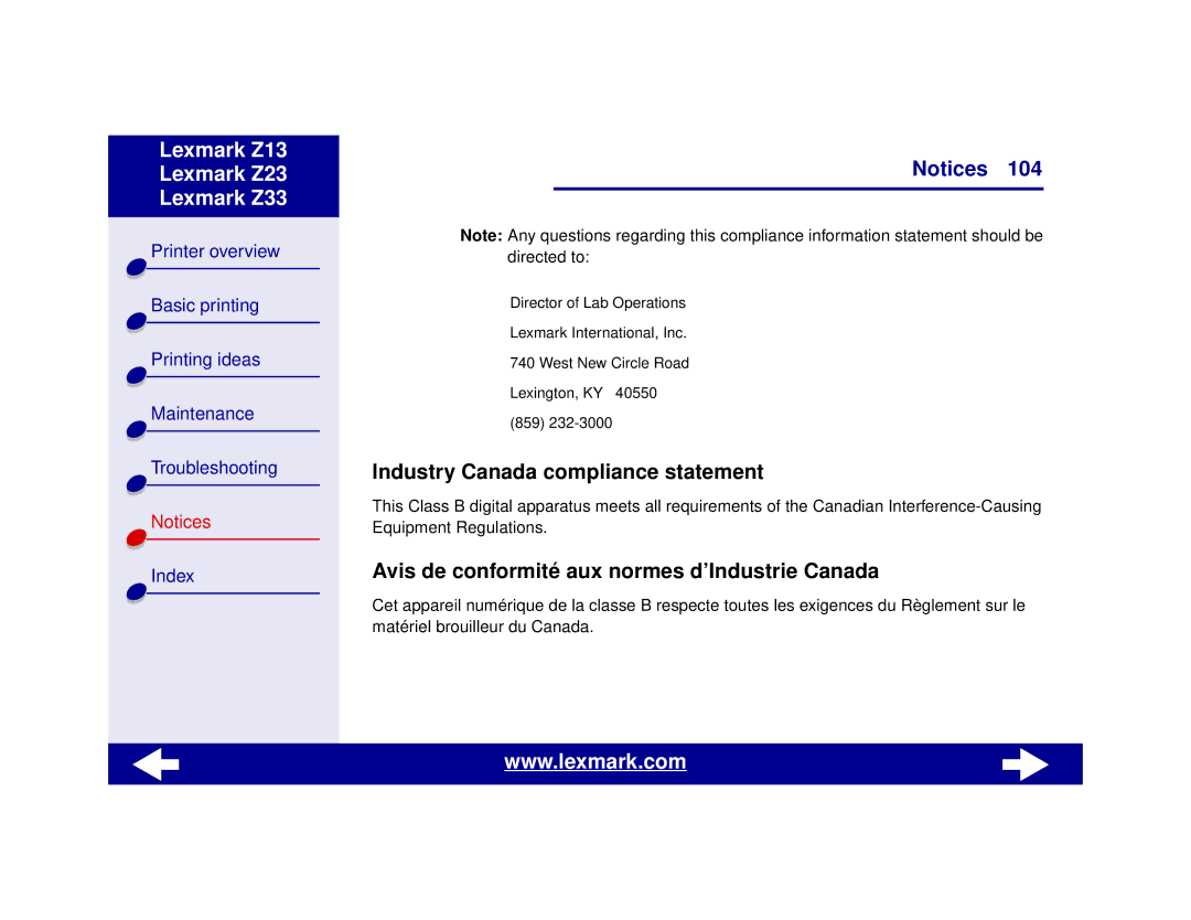 Lexmark Z13, Z23, Z33 manual Industry Canada compliance statement, Avis de conformité aux normes d’Industrie Canada 