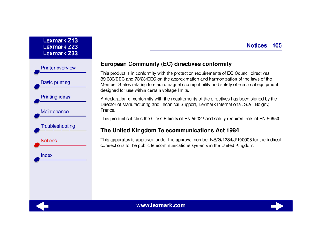 Lexmark Z13, Z23, Z33 manual European Community EC directives conformity, United Kingdom Telecommunications Act 