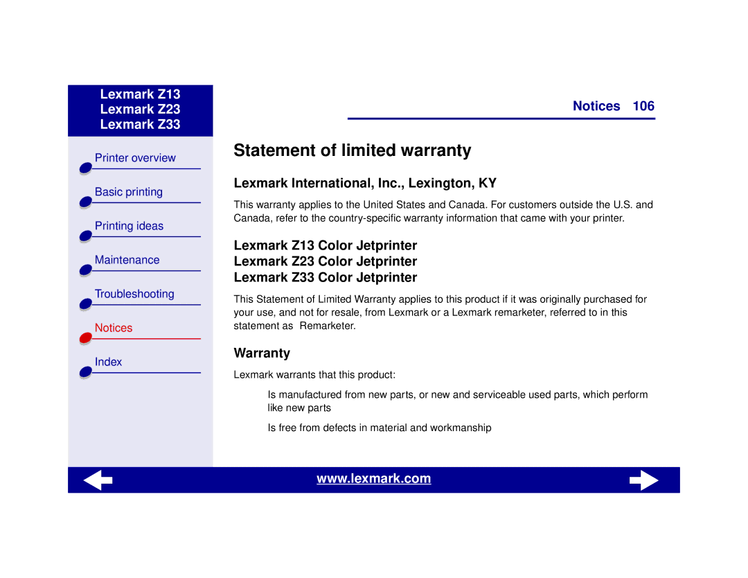 Lexmark Z13, Z23, Z33 manual Statement of limited warranty, Lexmark International, Inc., Lexington, KY, Warranty 