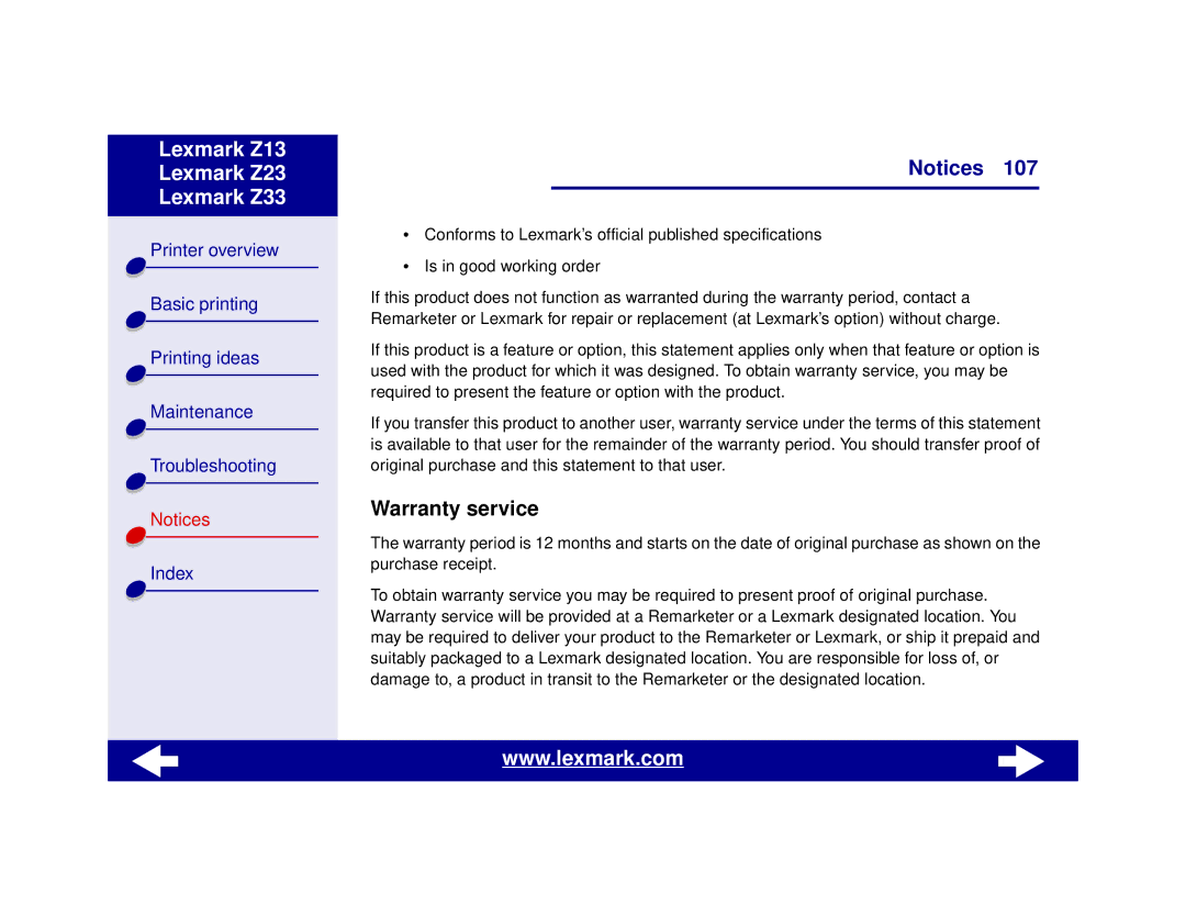 Lexmark Z13, Z23, Z33 manual Warranty service 