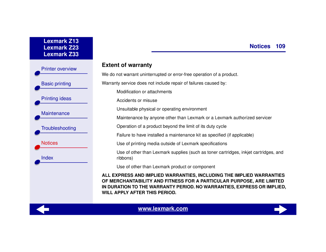 Lexmark Z13, Z23, Z33 manual Extent of warranty 