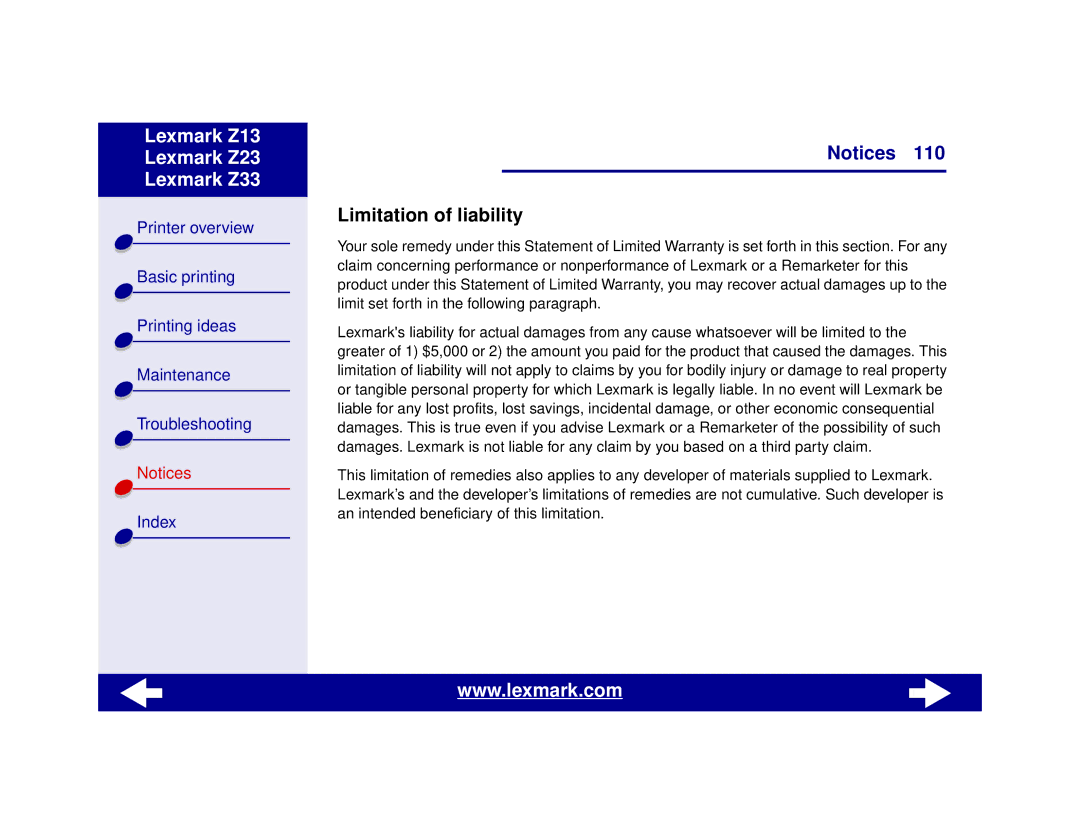 Lexmark Z13, Z23, Z33 manual Limitation of liability 