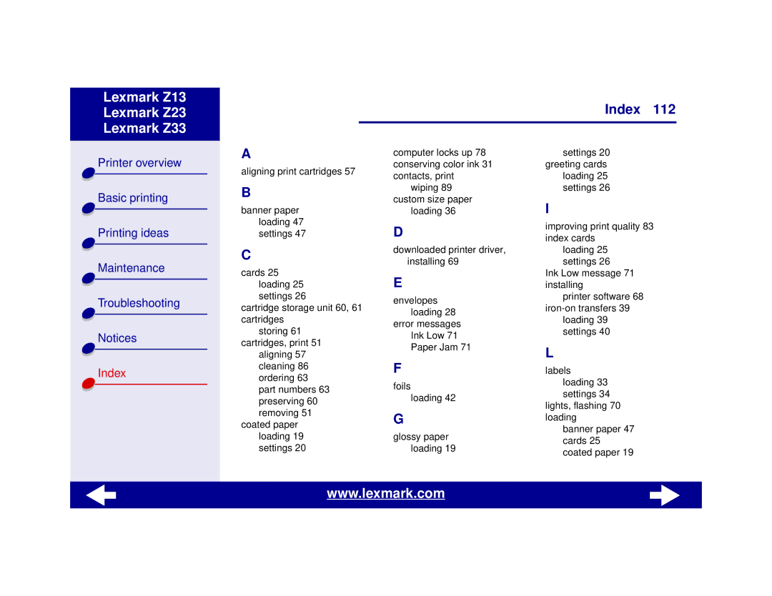 Lexmark Z13, Z23, Z33 manual Index 