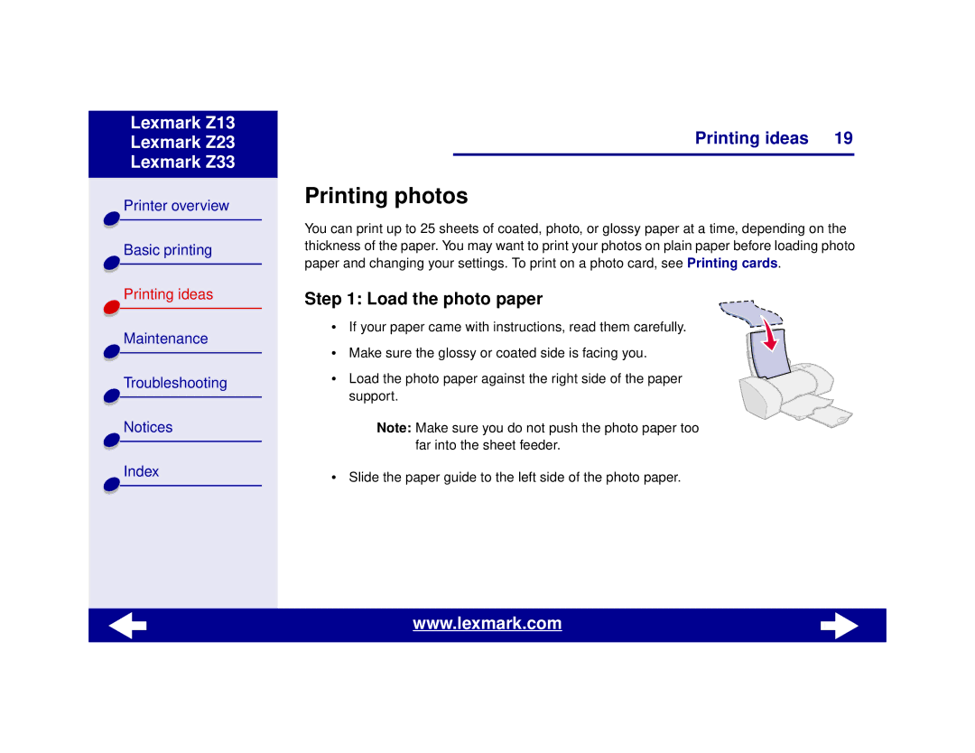 Lexmark Z13, Z23, Z33 manual Printing photos, Load the photo paper 