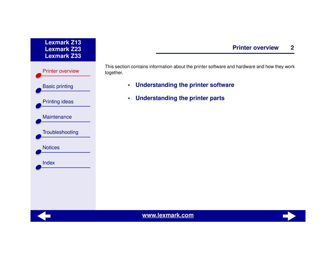 Lexmark Z13, Z23, Z33 manual Printer overview 